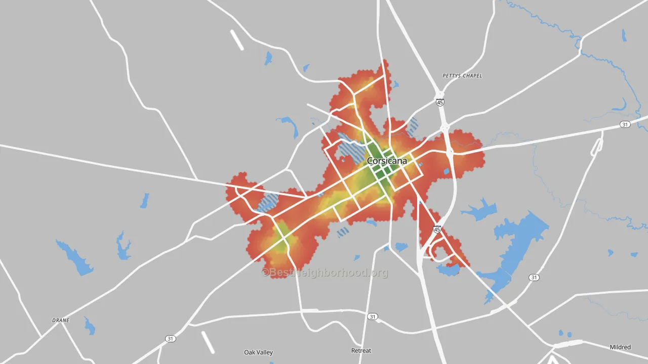 Walk Grade map of 75110, TX, walkable areas in green and car-dependent areas in red