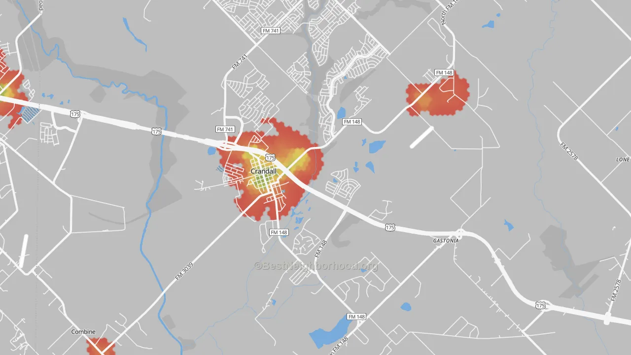 Walk Grade map of 75114, TX, walkable areas in green and car-dependent areas in red