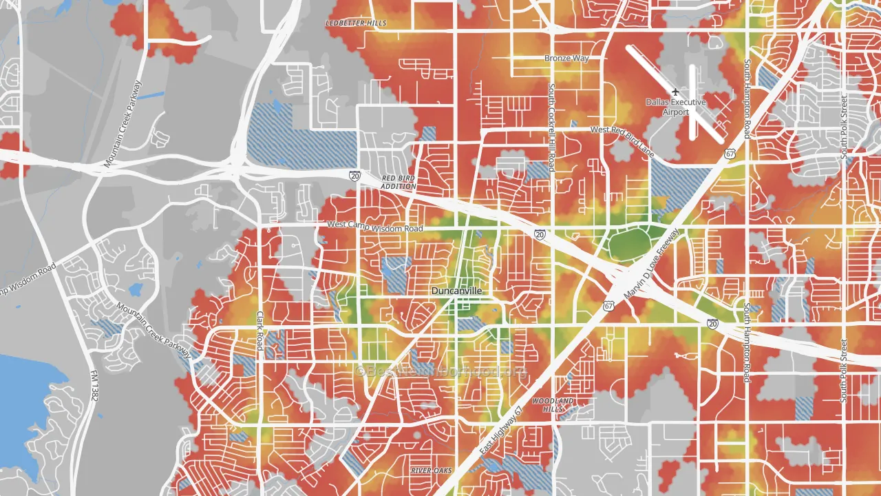 Walk Grade map of 75116, TX, walkable areas in green and car-dependent areas in red
