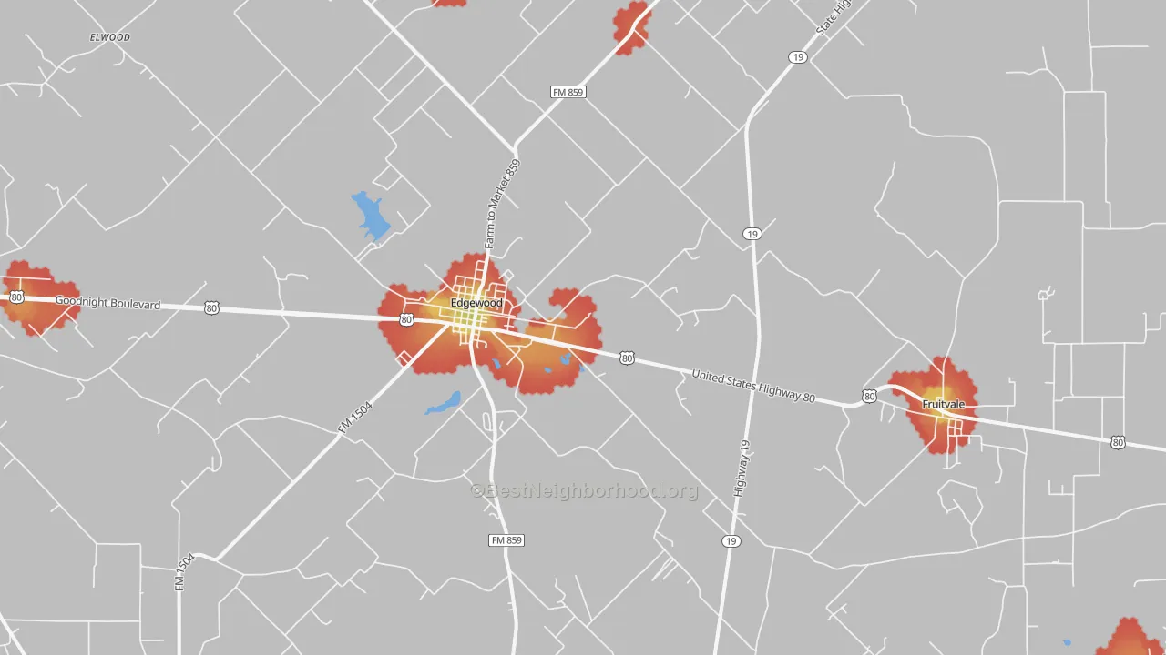 Walk Grade map of 75117, TX, walkable areas in green and car-dependent areas in red