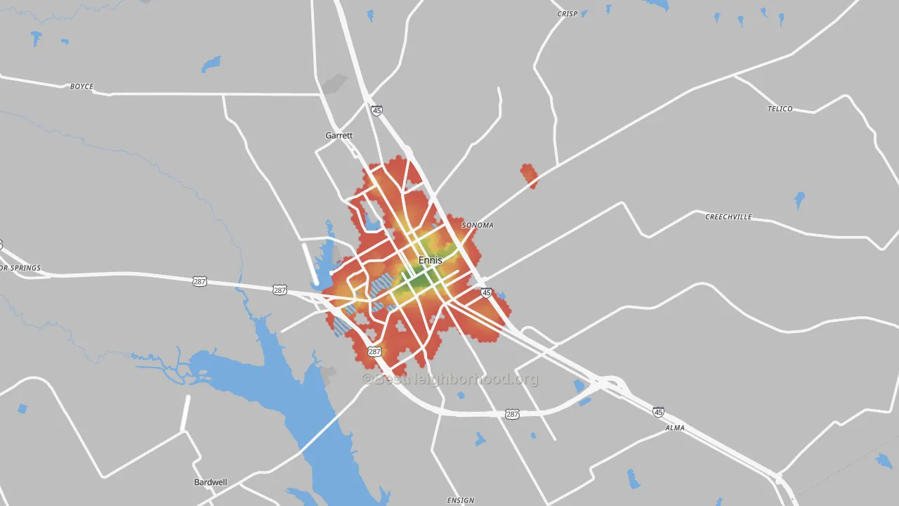 Walk Grade map of 75119, TX, walkable areas in green and car-dependent areas in red
