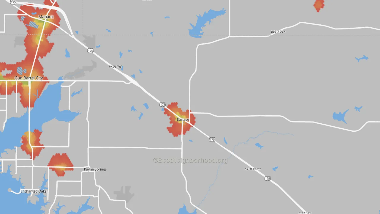 Walk Grade map of 75124, TX, walkable areas in green and car-dependent areas in red