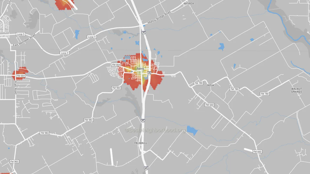 Walk Grade map of 75125, TX, walkable areas in green and car-dependent areas in red