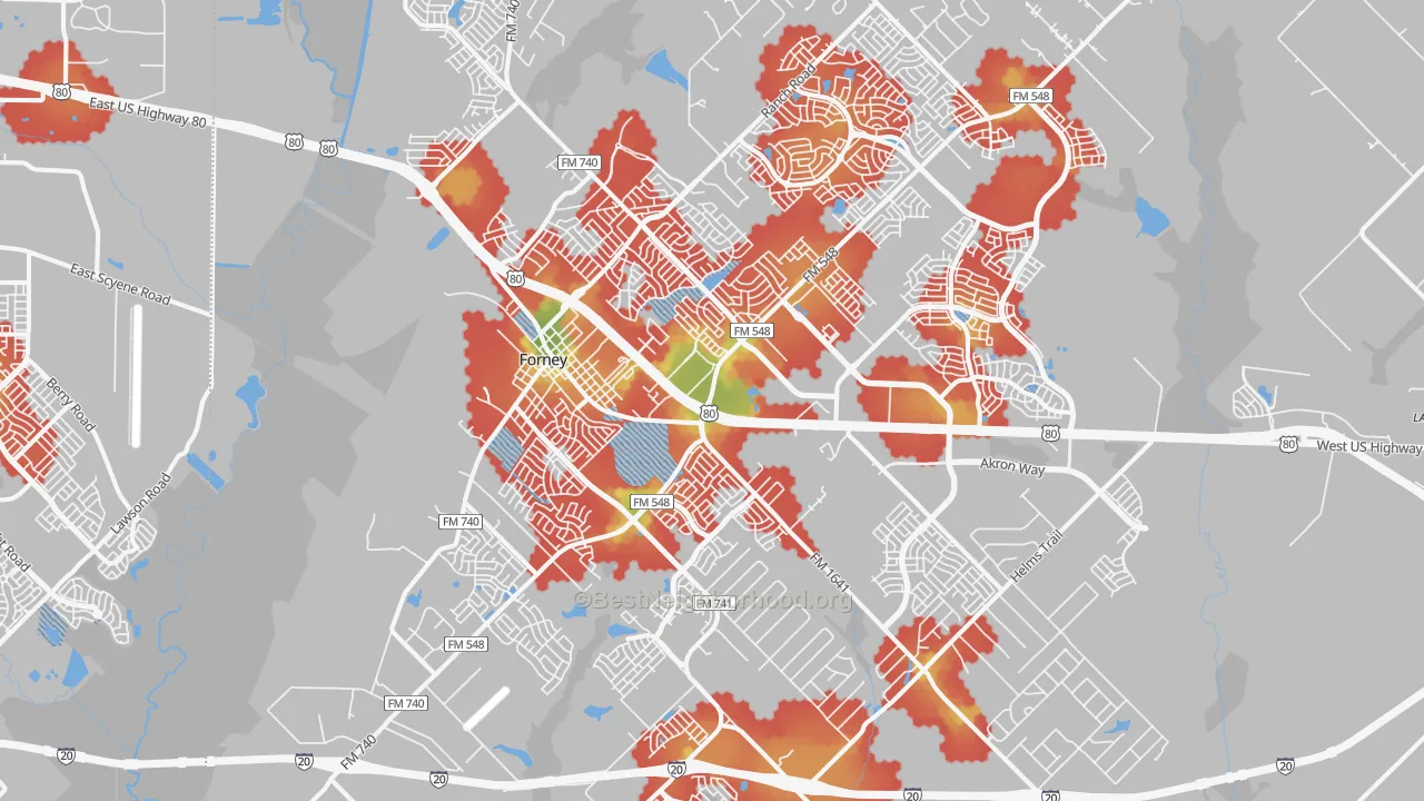 Walk Grade map of 75126, TX, walkable areas in green and car-dependent areas in red