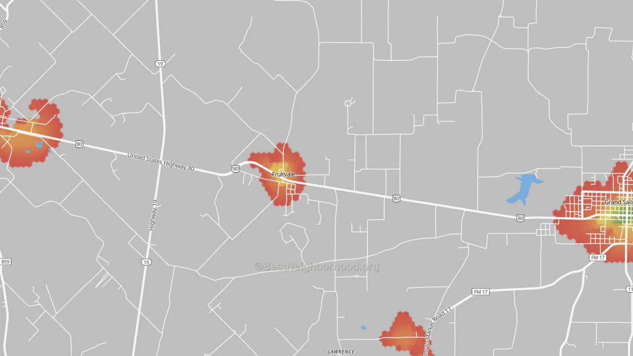 Walk Grade map of 75127, TX, walkable areas in green and car-dependent areas in red