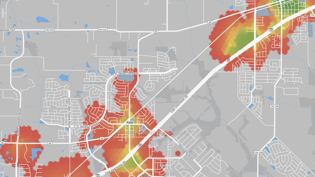 Walk Grade map of 75132, TX, walkable areas in green and car-dependent areas in red