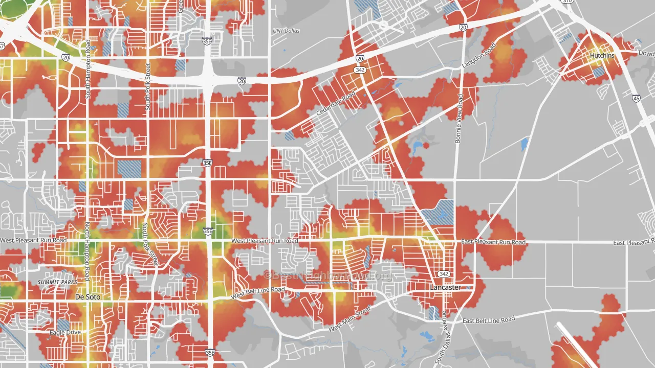 Walk Grade map of 75134, TX, walkable areas in green and car-dependent areas in red