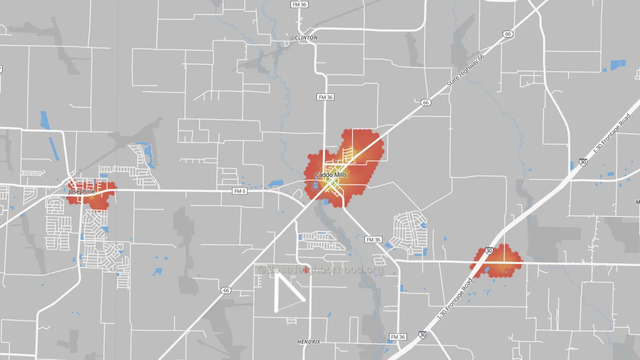 Walk Grade map of 75135, TX, walkable areas in green and car-dependent areas in red