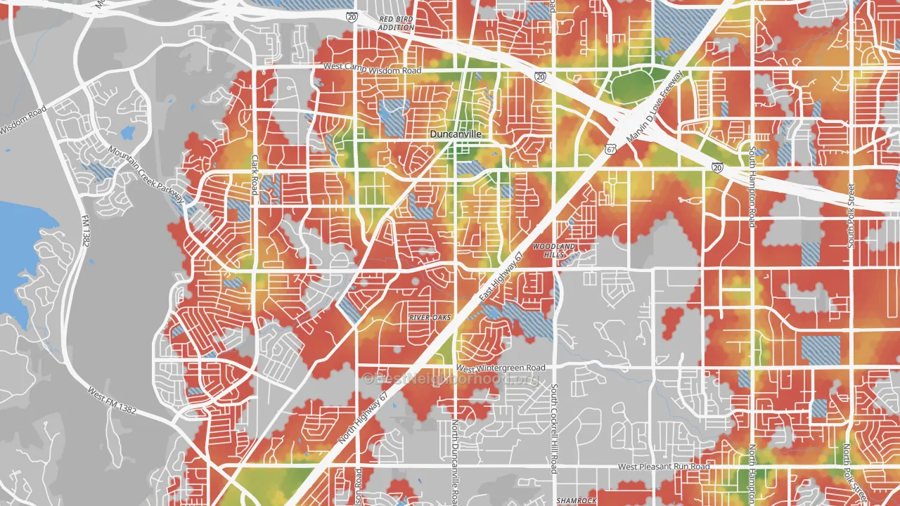 Walk Grade map of 75137, TX, walkable areas in green and car-dependent areas in red