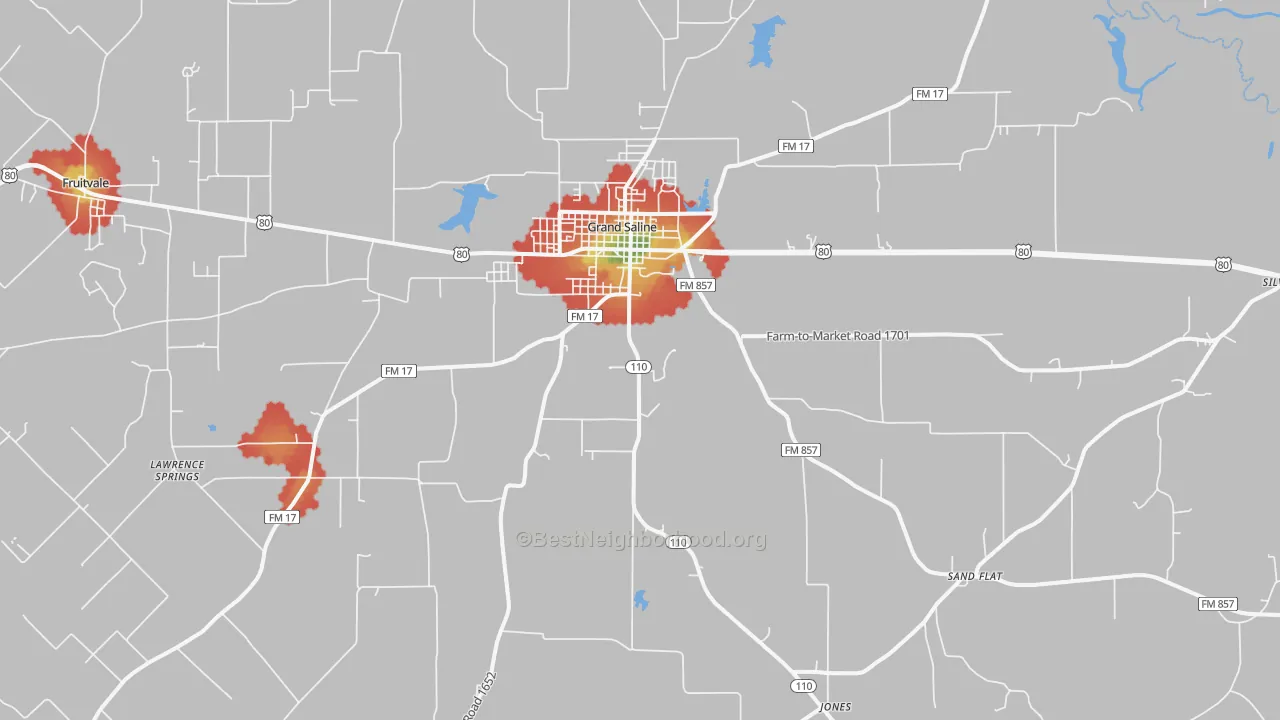 Walk Grade map of 75140, TX, walkable areas in green and car-dependent areas in red