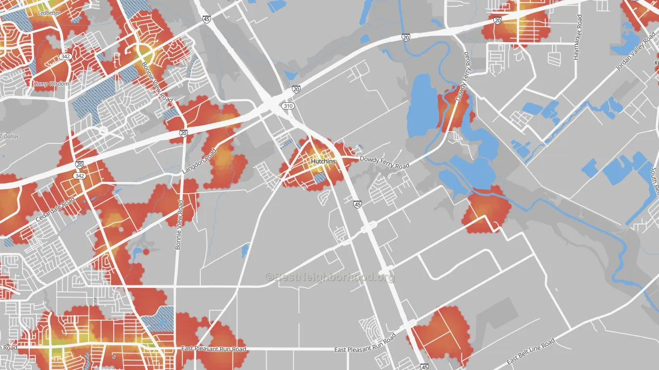 Walk Grade map of 75141, TX, walkable areas in green and car-dependent areas in red