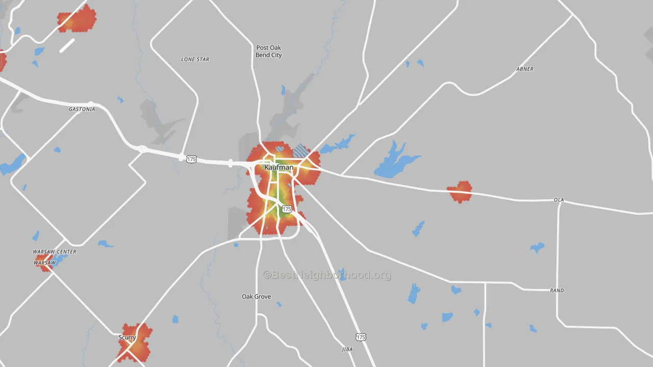 Walk Grade map of 75142, TX, walkable areas in green and car-dependent areas in red