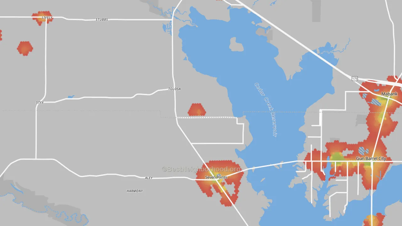 Walk Grade map of 75143, TX, walkable areas in green and car-dependent areas in red