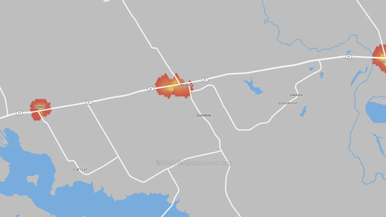 Walk Grade map of 75144, TX, walkable areas in green and car-dependent areas in red