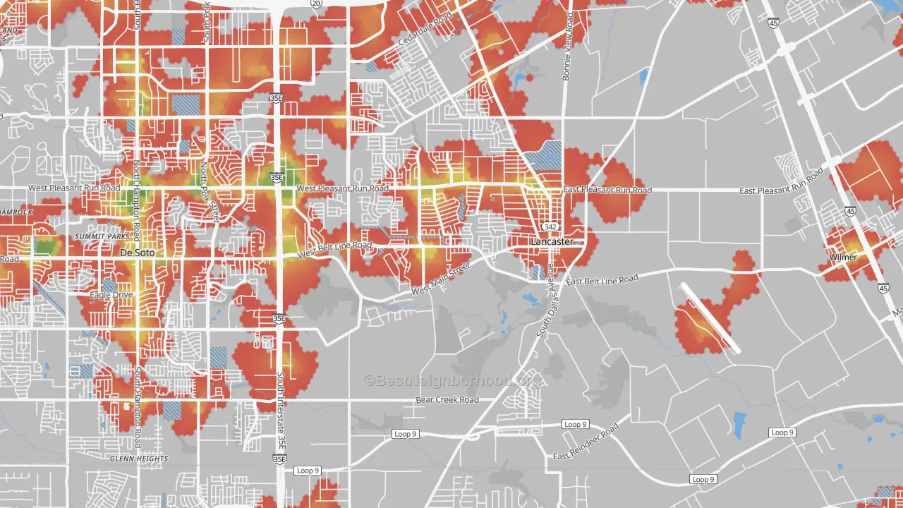 Walk Grade map of 75146, TX, walkable areas in green and car-dependent areas in red