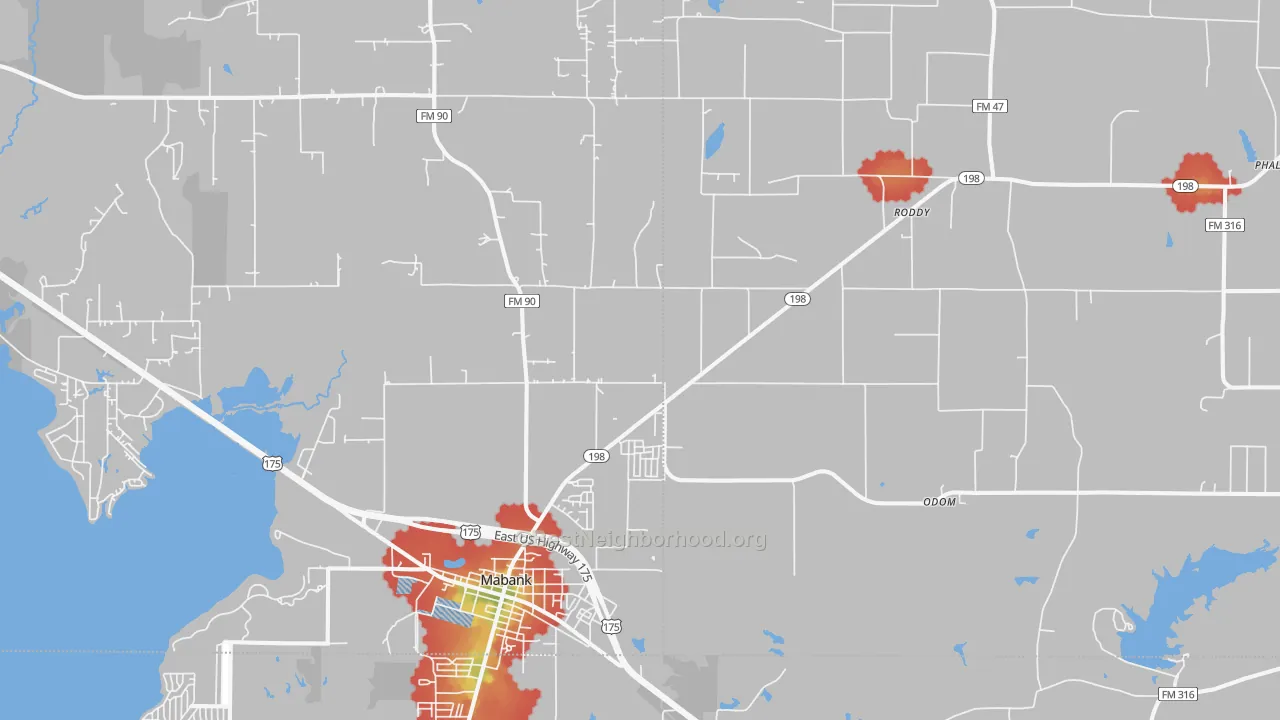 Walk Grade map of 75147, TX, walkable areas in green and car-dependent areas in red