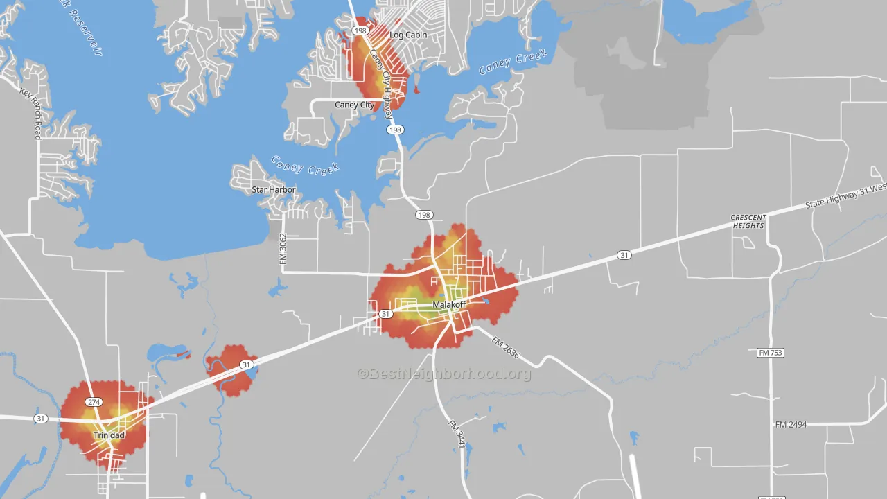 Walk Grade map of 75148, TX, walkable areas in green and car-dependent areas in red