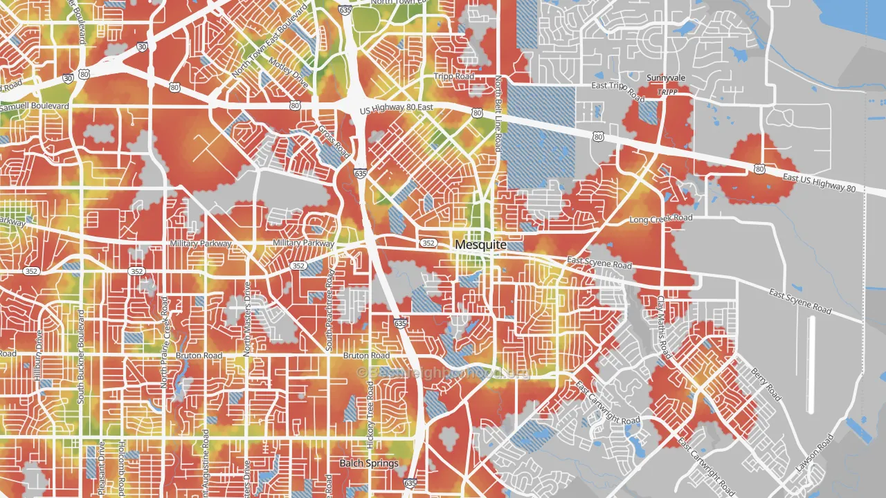 Walk Grade map of 75149, TX, walkable areas in green and car-dependent areas in red