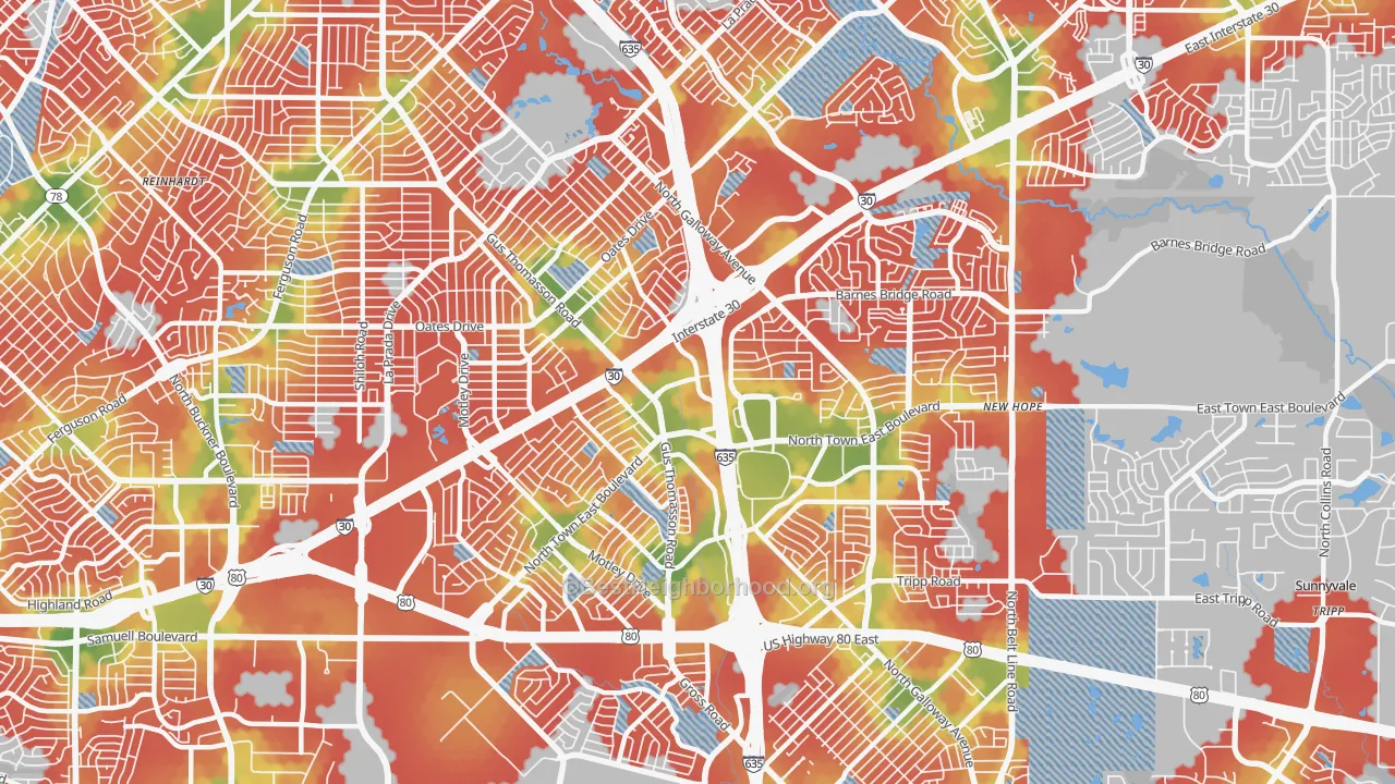 Walk Grade map of 75150, TX, walkable areas in green and car-dependent areas in red