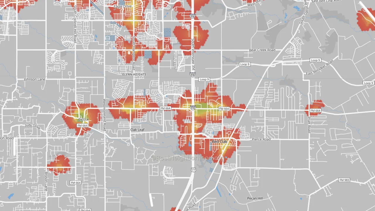 Walk Grade map of 75154, TX, walkable areas in green and car-dependent areas in red