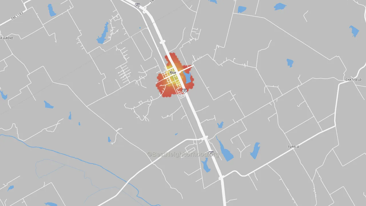 Walk Grade map of 75155, TX, walkable areas in green and car-dependent areas in red