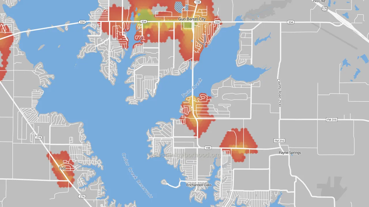 Walk Grade map of 75156, TX, walkable areas in green and car-dependent areas in red