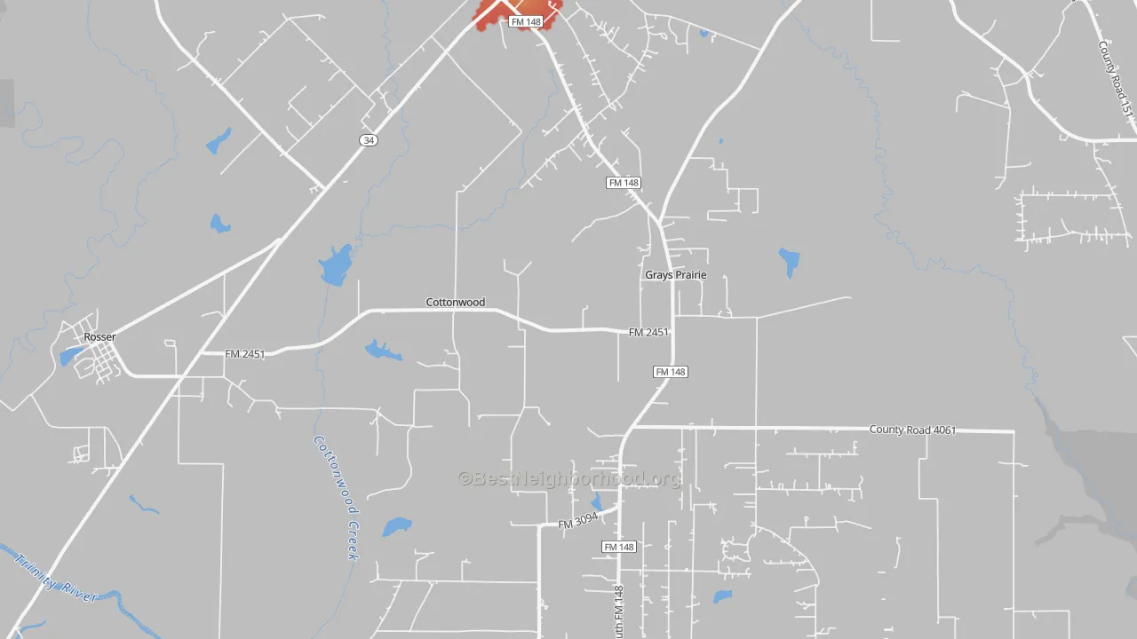 Walk Grade map of 75158, TX, walkable areas in green and car-dependent areas in red