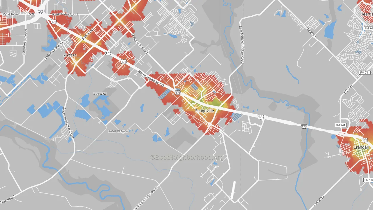 Walk Grade map of 75159, TX, walkable areas in green and car-dependent areas in red