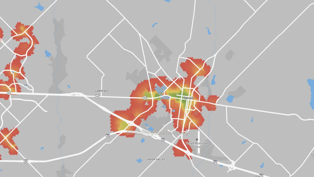 Walk Grade map of 75160, TX, walkable areas in green and car-dependent areas in red