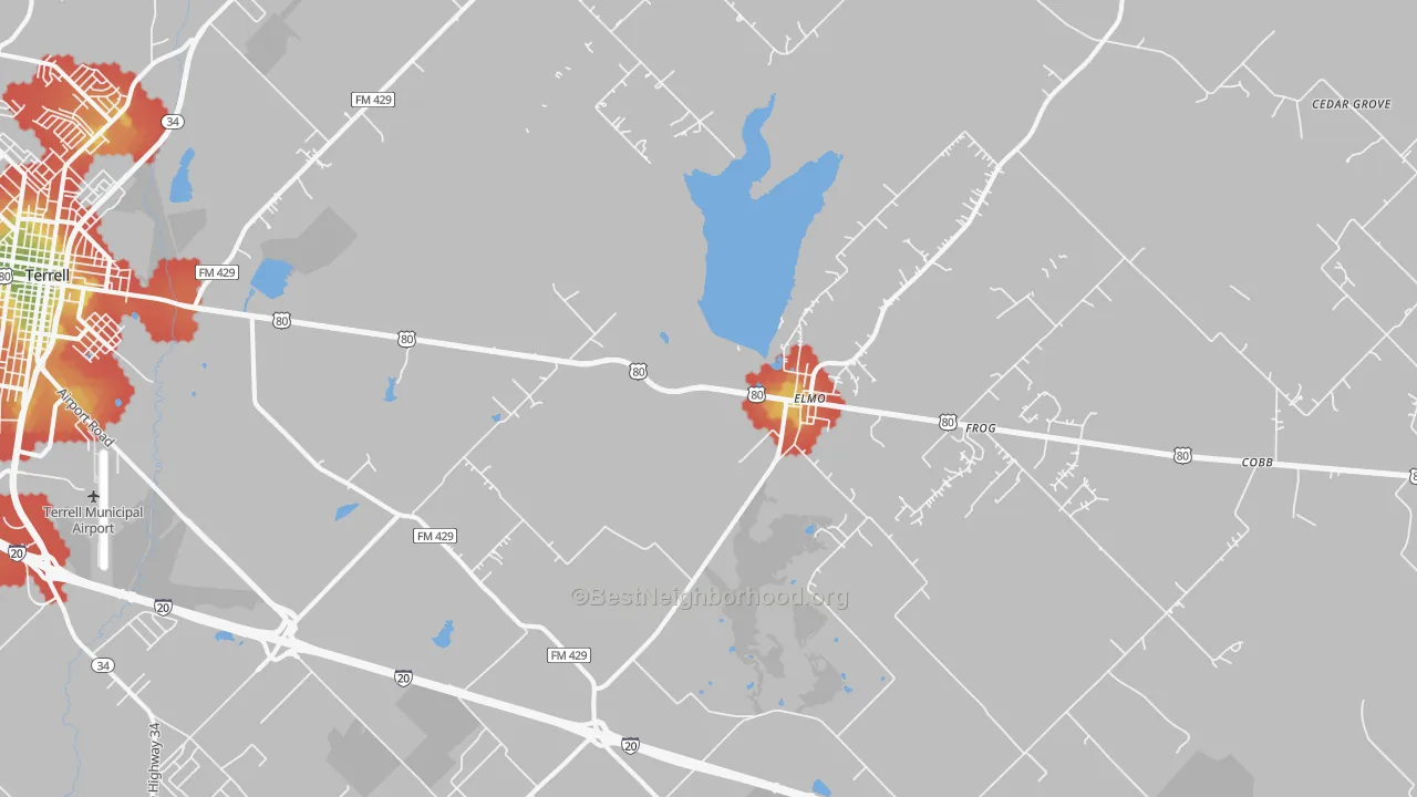 Walk Grade map of 75161, TX, walkable areas in green and car-dependent areas in red