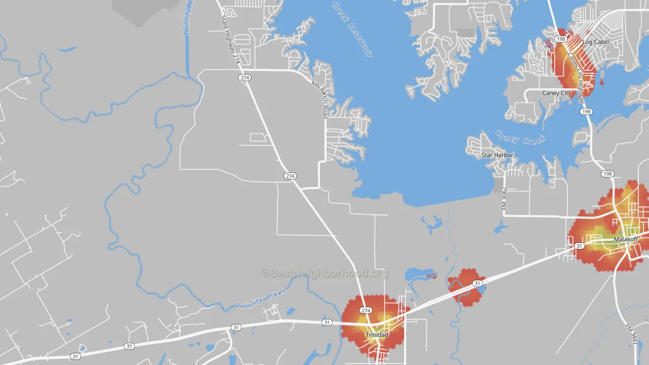 Walk Grade map of 75163, TX, walkable areas in green and car-dependent areas in red