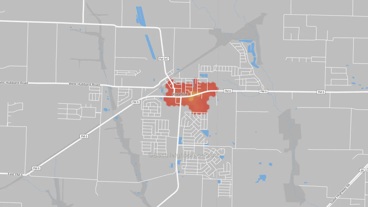 Walk Grade map of 75164, TX, walkable areas in green and car-dependent areas in red