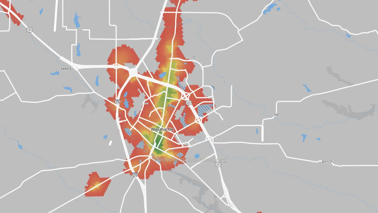 Walk Grade map of 75165, TX, walkable areas in green and car-dependent areas in red