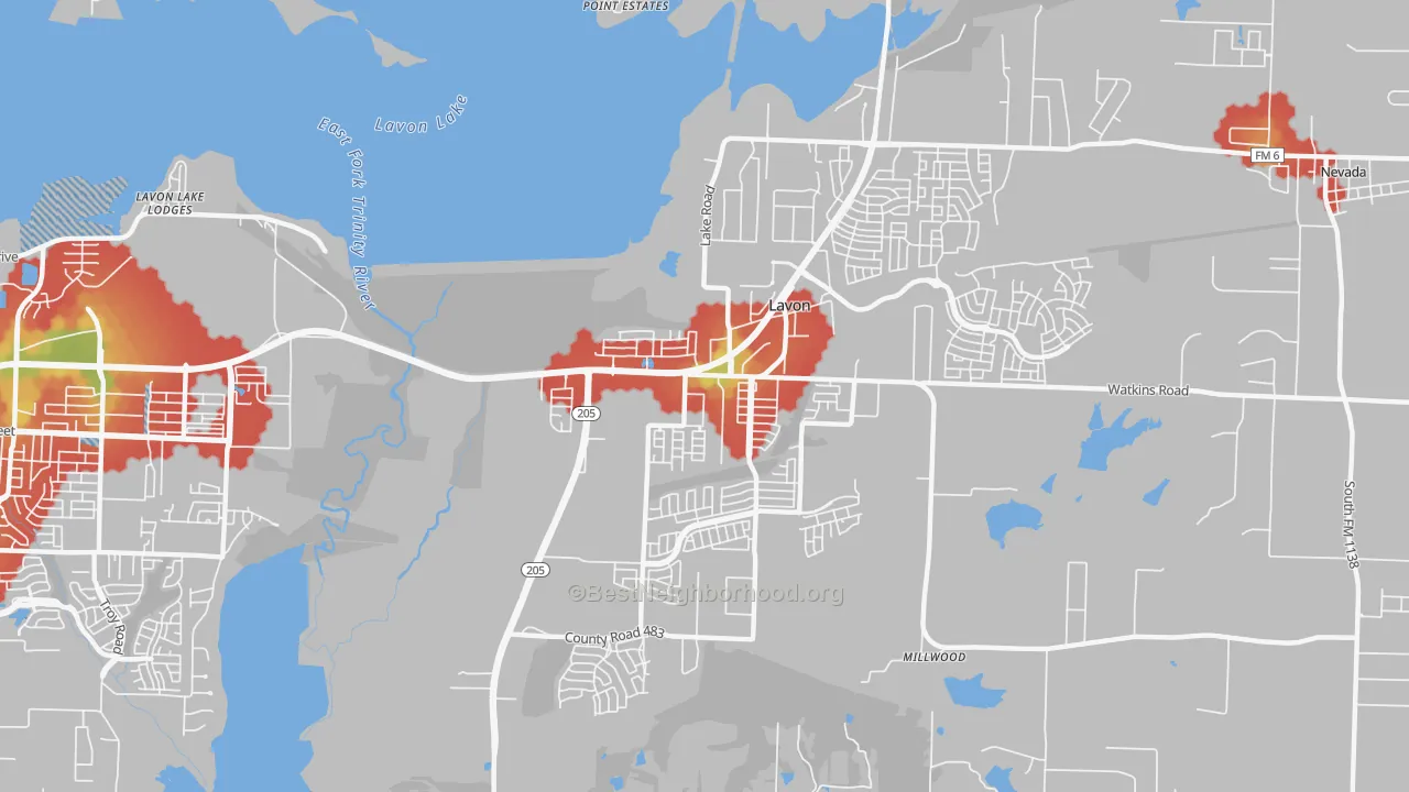Walk Grade map of 75166, TX, walkable areas in green and car-dependent areas in red