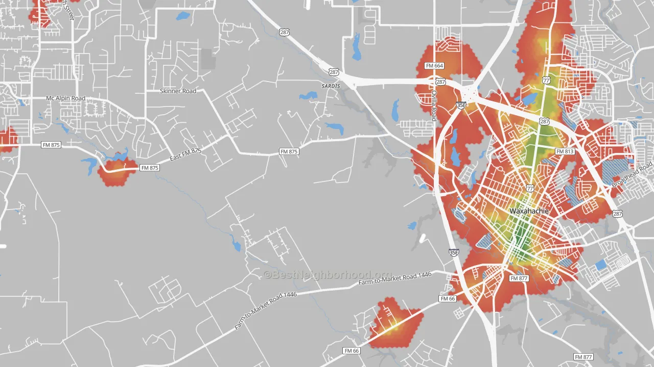 Walk Grade map of 75167, TX, walkable areas in green and car-dependent areas in red