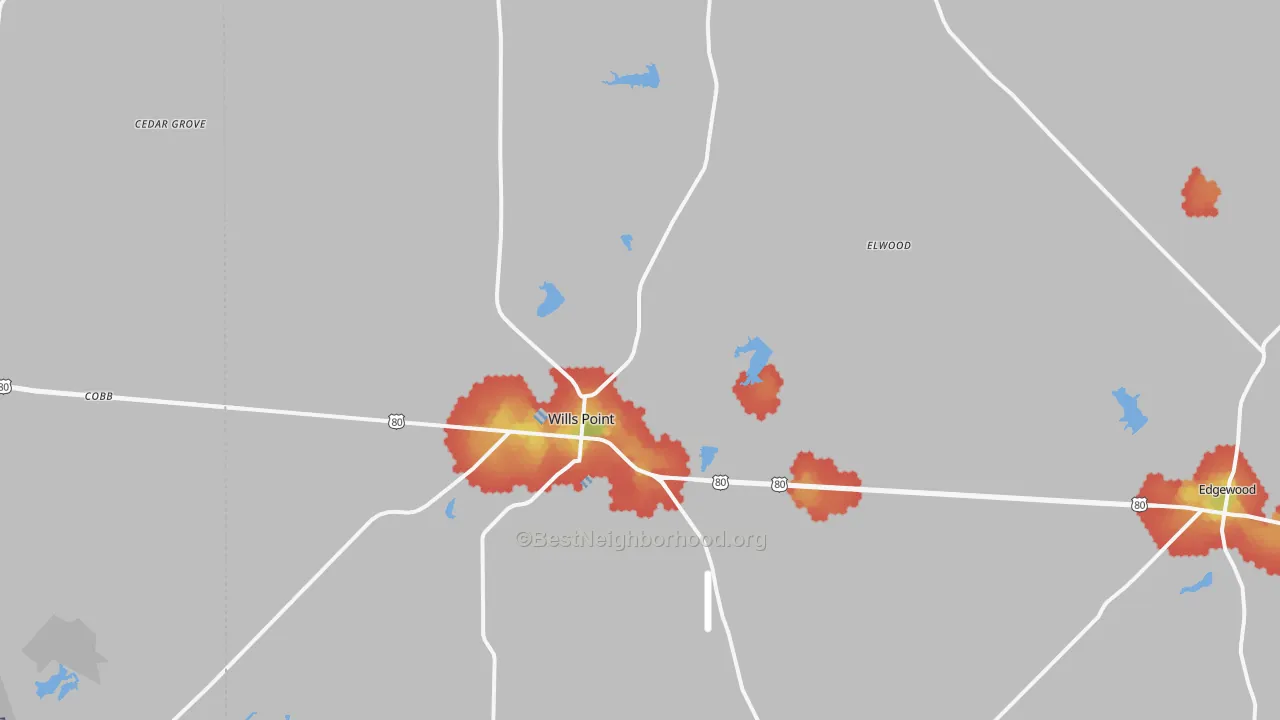 Walk Grade map of 75169, TX, walkable areas in green and car-dependent areas in red