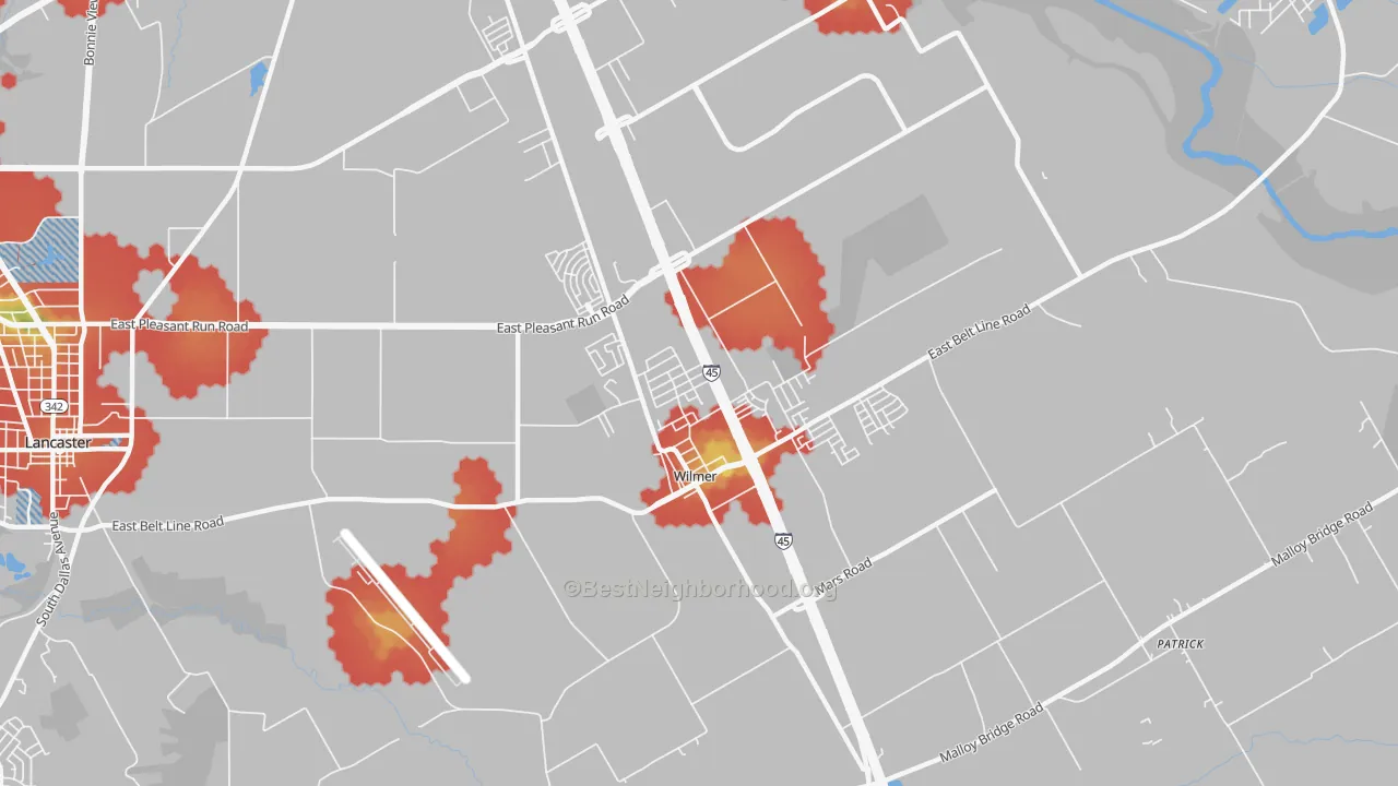 Walk Grade map of 75172, TX, walkable areas in green and car-dependent areas in red