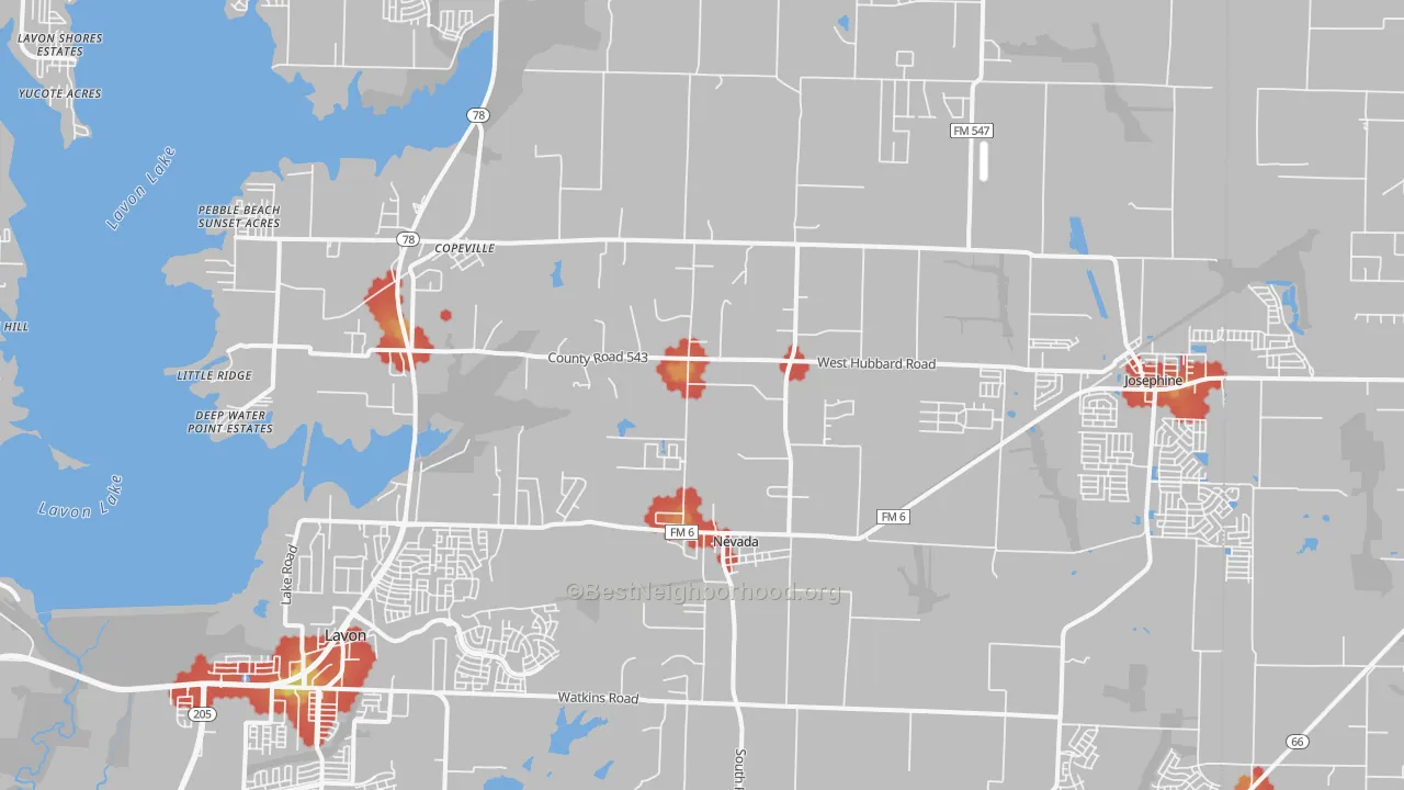 Walk Grade map of 75173, TX, walkable areas in green and car-dependent areas in red