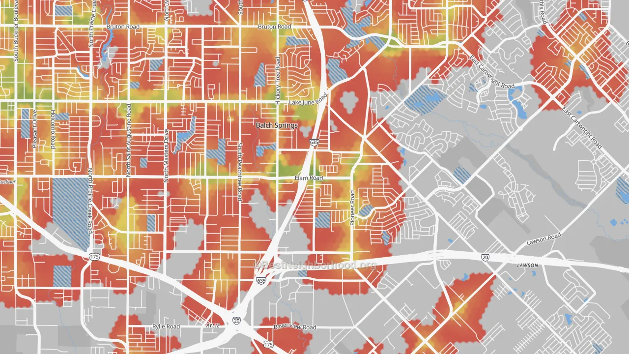 Walk Grade map of 75180, TX, walkable areas in green and car-dependent areas in red