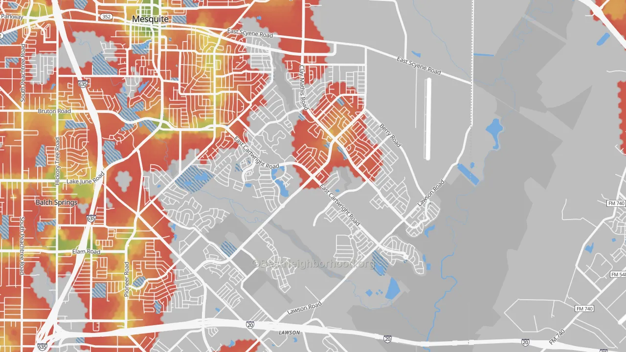 Walk Grade map of 75181, TX, walkable areas in green and car-dependent areas in red