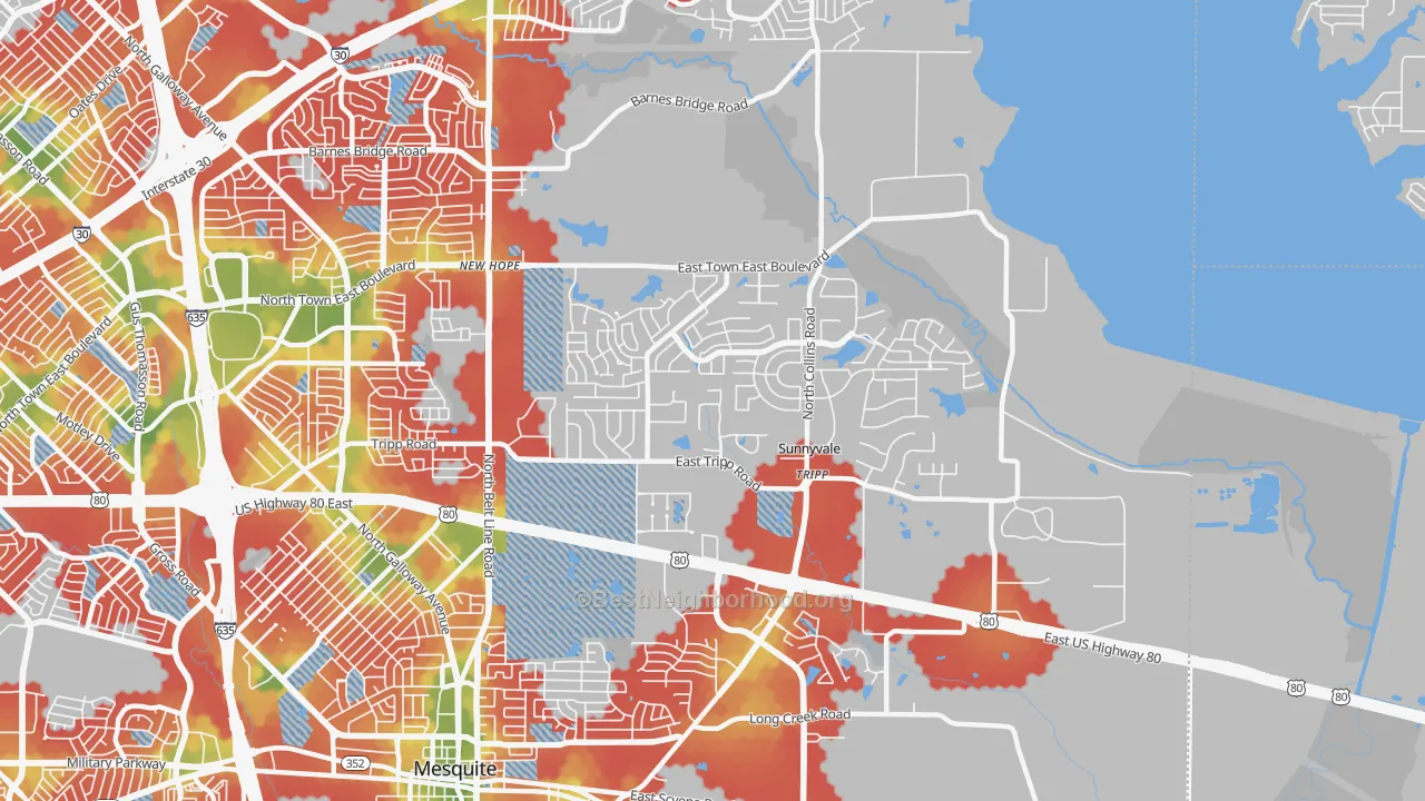 Walk Grade map of 75182, TX, walkable areas in green and car-dependent areas in red