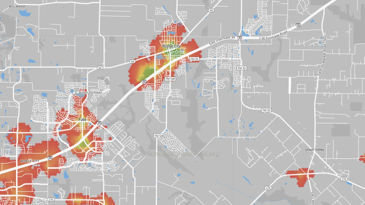 Walk Grade map of 75189, TX, walkable areas in green and car-dependent areas in red