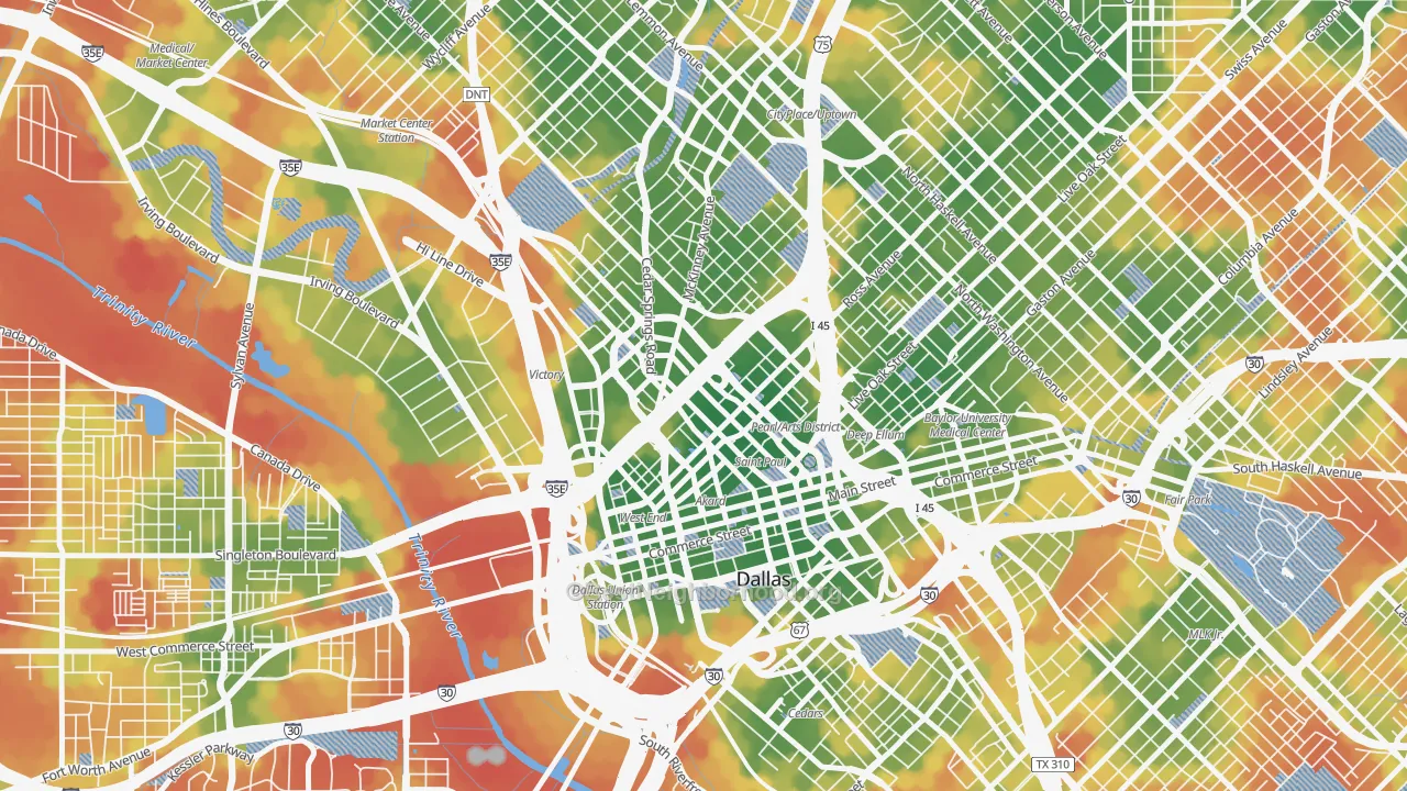 Walk Grade map of 75201, TX, walkable areas in green and car-dependent areas in red