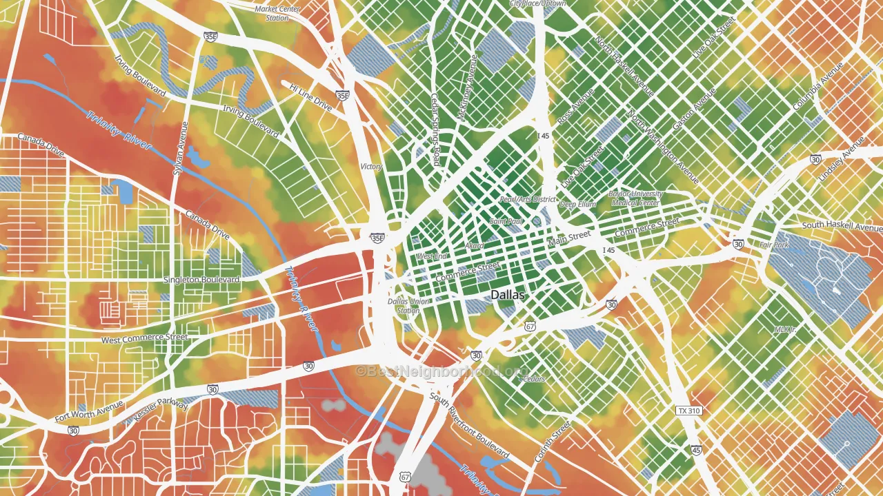 Walk Grade map of 75202, TX, walkable areas in green and car-dependent areas in red