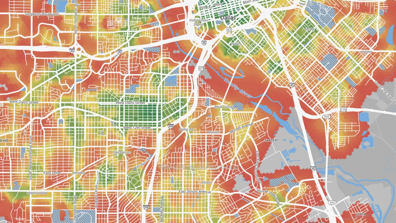 Walk Grade map of 75203, TX, walkable areas in green and car-dependent areas in red