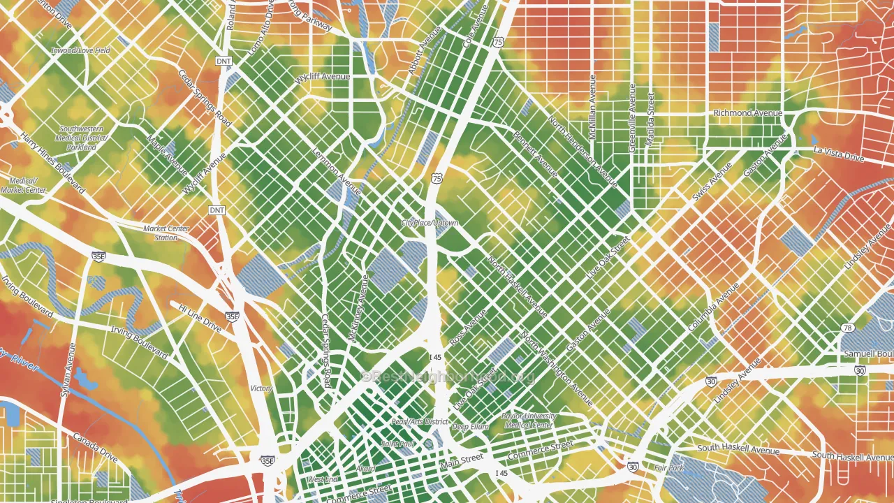 Walk Grade map of 75204, TX, walkable areas in green and car-dependent areas in red