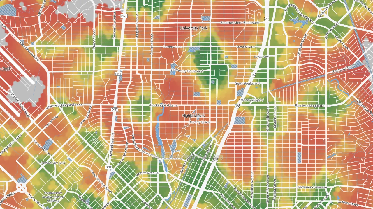 Walk Grade map of 75205, TX, walkable areas in green and car-dependent areas in red