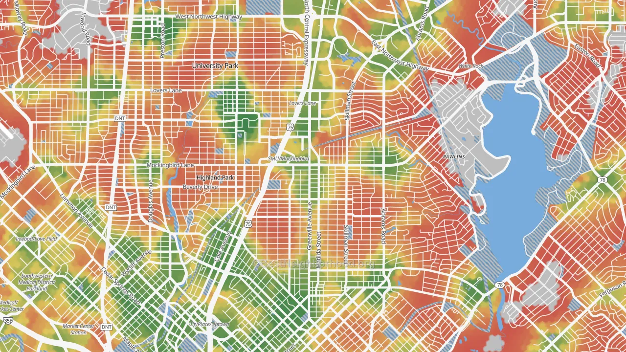 Walk Grade map of 75206, TX, walkable areas in green and car-dependent areas in red