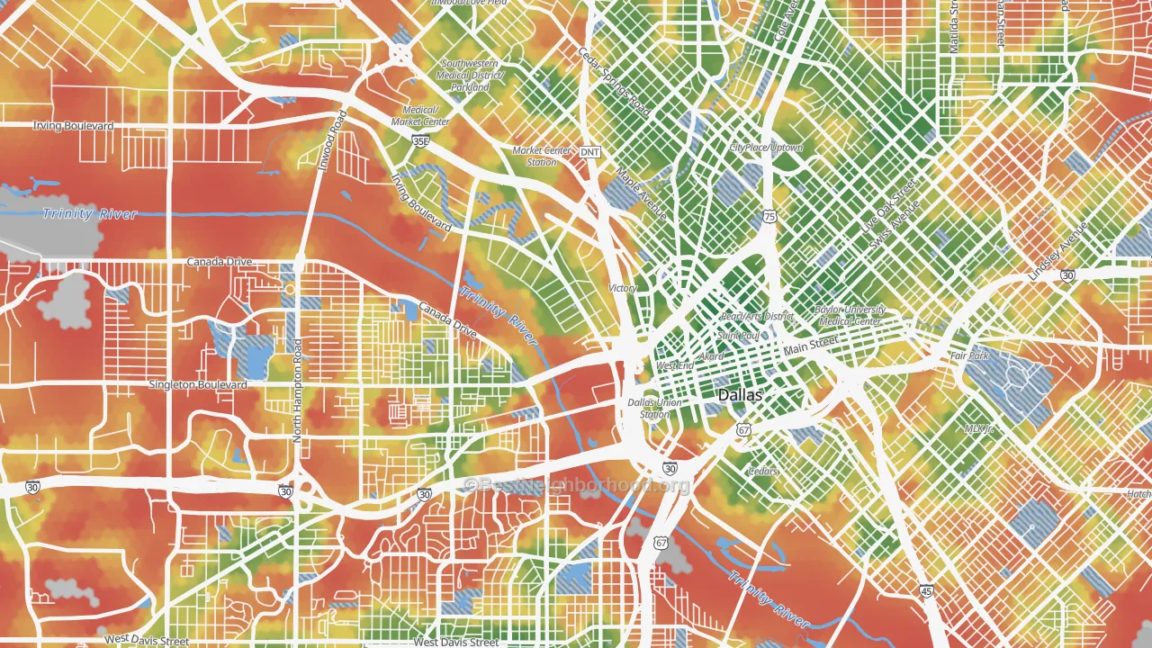 Walk Grade map of 75207, TX, walkable areas in green and car-dependent areas in red