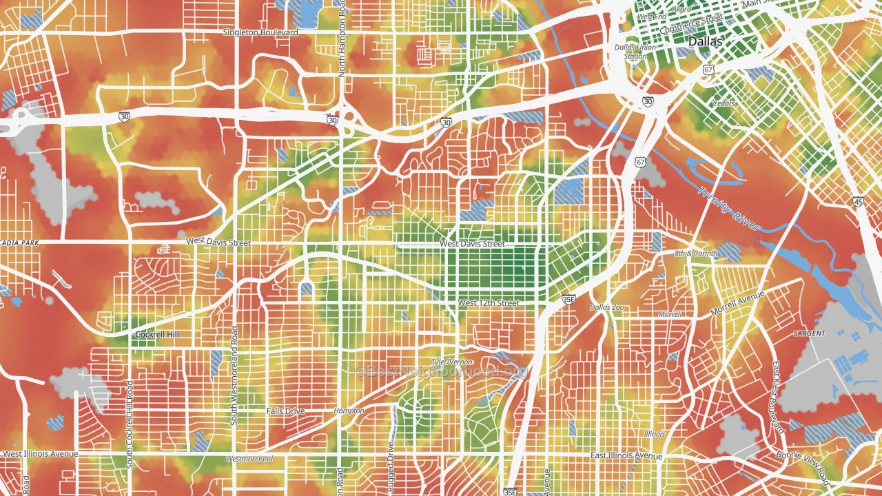Walk Grade map of 75208, TX, walkable areas in green and car-dependent areas in red